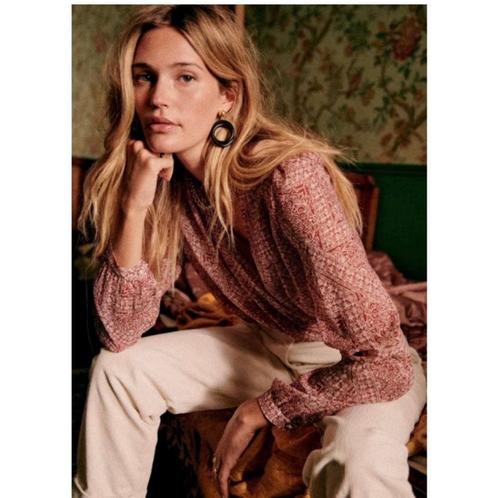 SEZANE Abélia Wrap Around Mosaic Ecru Print Burgundy Blouse Size 4 - Picture 8 of 17
